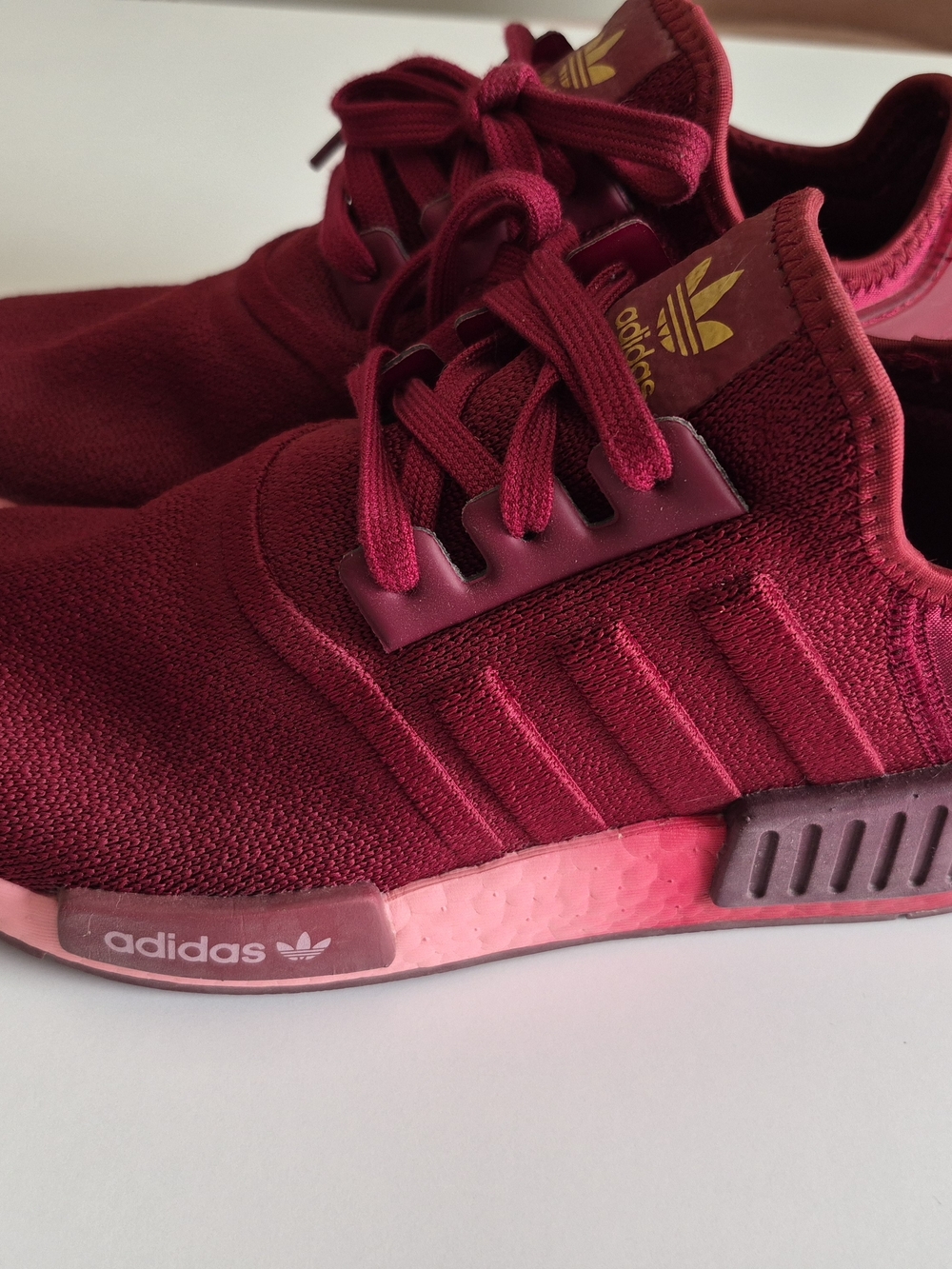 adidas burgundy and pink knit athletic sneakers